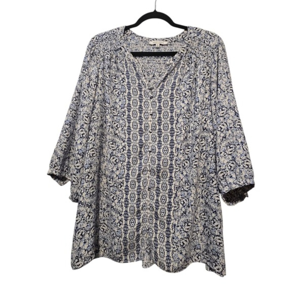 Rose + Olive Floral Button Top Womens Plus 1X Chiffon Flowy Cottage Boho Peasant